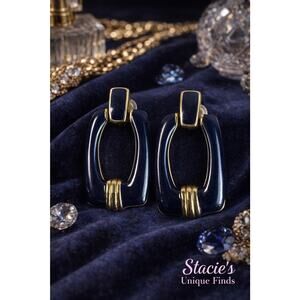 Vintage Navy Blue Enamel Gold Tone Door Knocker Statement Earrings